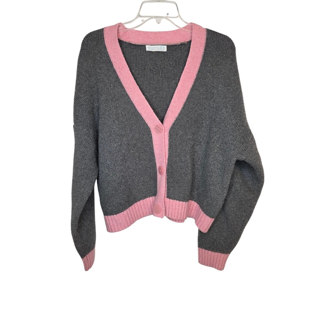 Primark Gray Pink Trim Knit Cardigan Sweater Womens Size L Long Sleeve Casual - Picture 2 of 11